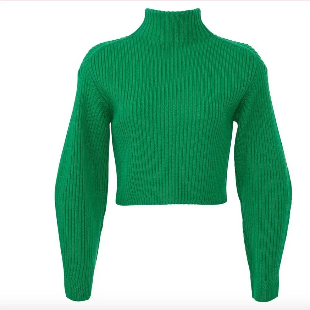 TIBI Sweater Green Wool Rib Cropped Pullover Mock Turtleneck XS